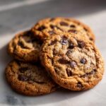 A close-up view of a stack of four Classic Chocolate Chip Cookies, showcasing their rich chocolate chunks and golden-brown texture.