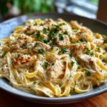 A close-up of a bowl filled with creamy One-Pot Chicken Alfredo pasta, topped with grilled chicken pieces and fresh parsley.
