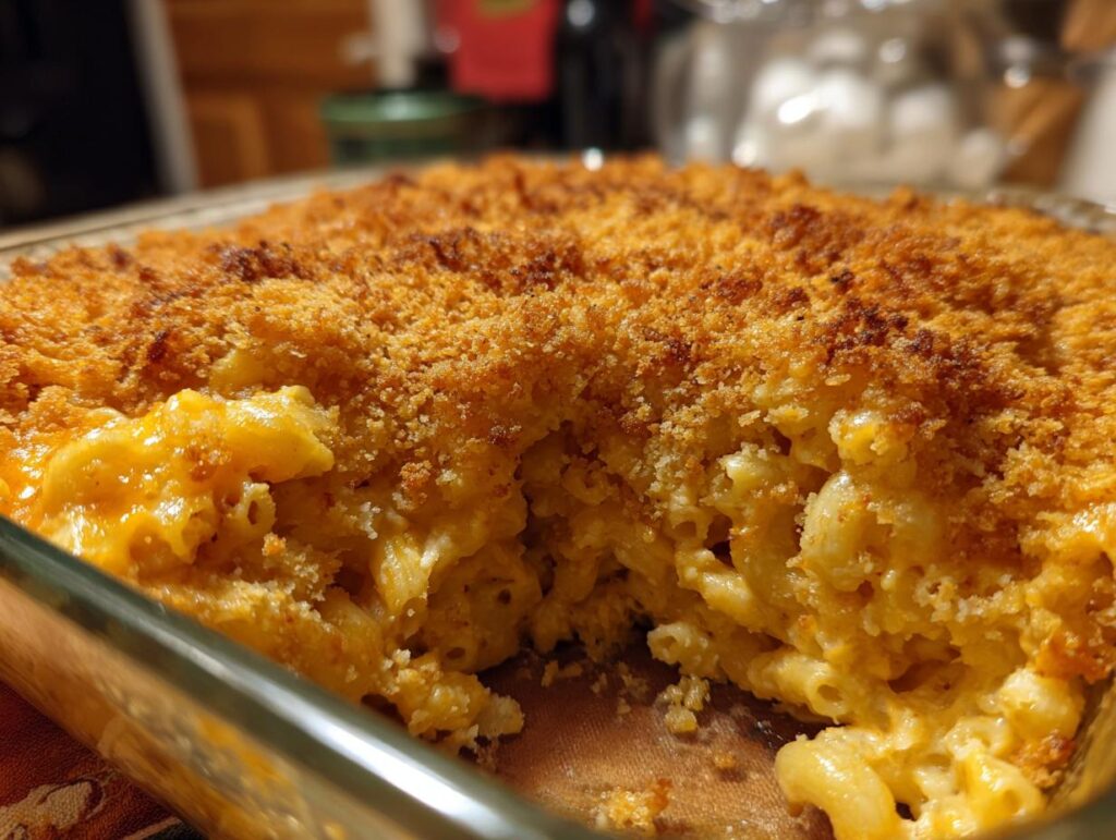 A close-up of baked mac and cheese with a golden crispy topping in a glass dish.