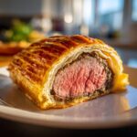A perfectly cooked slice of Beef Wellington, showcasing tender pink beef wrapped in golden puff pastry.