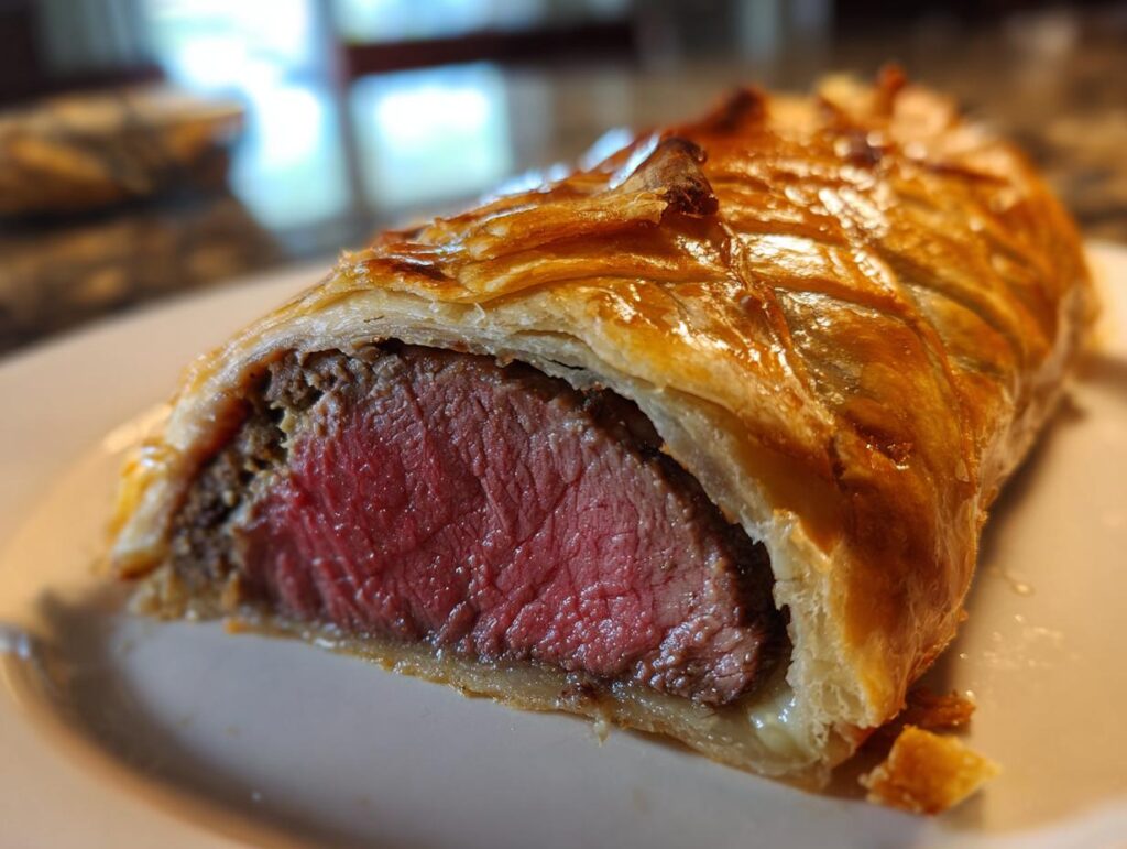 A close-up of a slice of Beef Wellington, showcasing the tender, pink beef inside golden puff pastry.