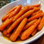 A close-up shot of whole Brown Sugar Glazed Carrots in a white bowl, glistening with a sweet glaze and herbs.