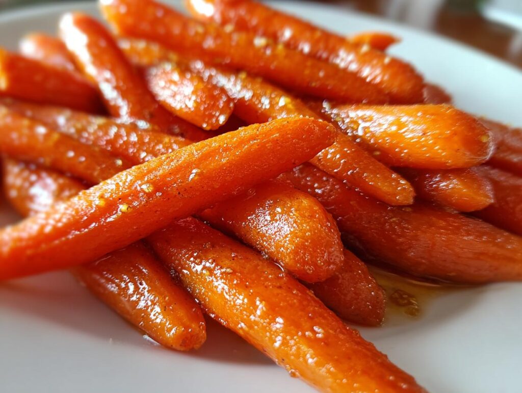 A close-up shot of glistening Brown Sugar Glazed Carrots on a white plate.