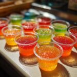 A close-up of multiple bubbly champagne jello shots in clear plastic cups, in vibrant red, orange, and green colors.