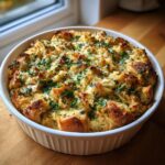 A golden brown, freshly baked Buttery Herb Stuffing in a white ceramic baking dish, sprinkled with fresh parsley.