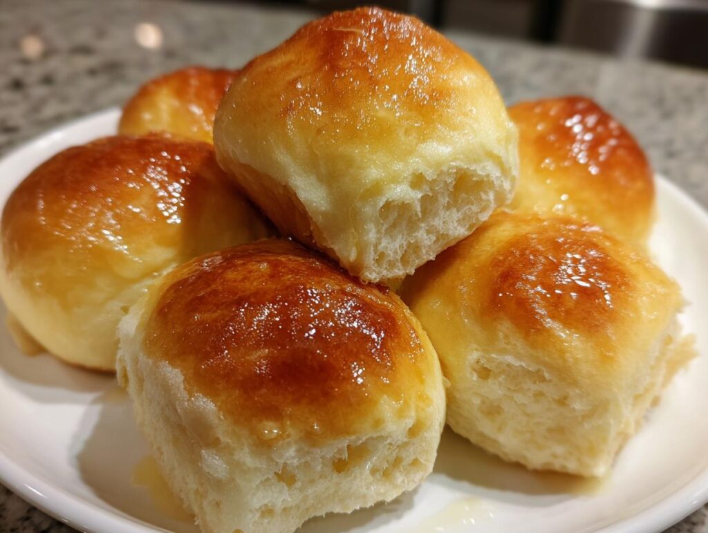 A close-up of golden brown, buttery homemade dinner rolls glistening with a glaze.