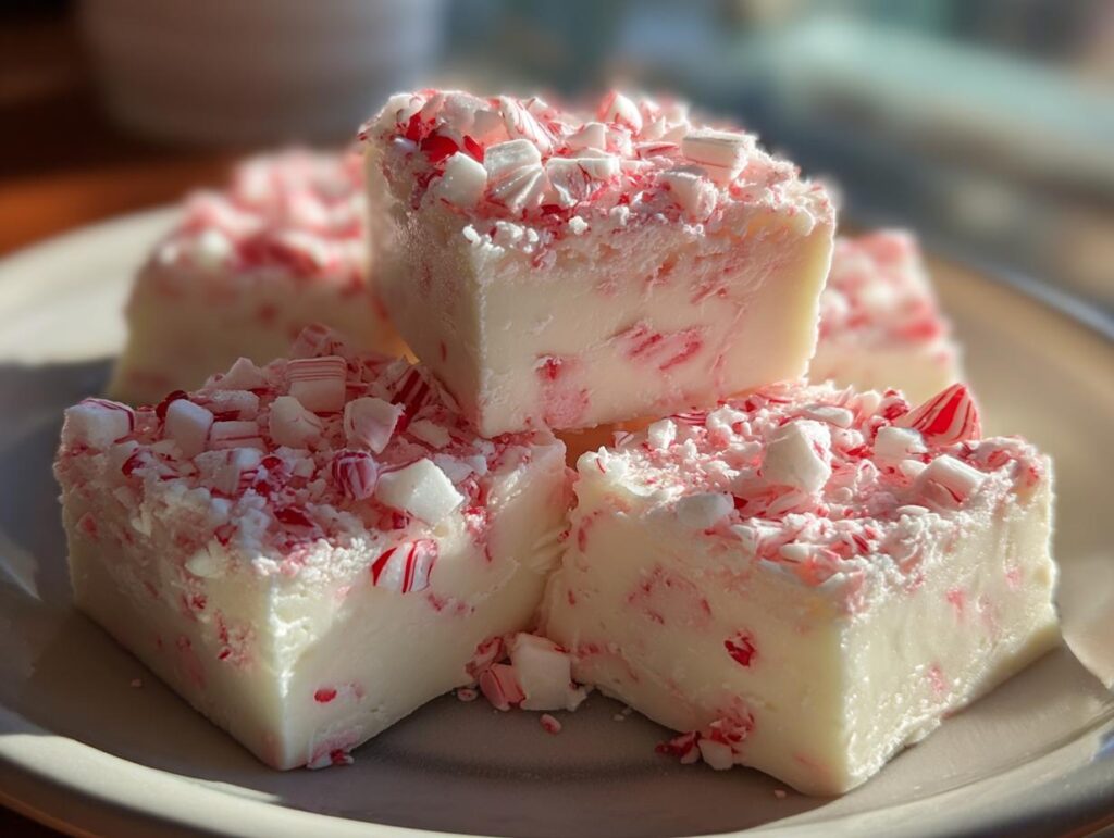 Close-up of creamy white Candy Cane Fudge pieces topped with crushed candy canes.