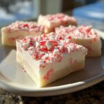 Close-up of creamy white Candy Cane Fudge topped with crushed candy canes and a whole candy cane piece.