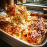 A serving fork lifts a portion of Cheesy Scalloped Potatoes with Creamy Sauce, showing strings of melted cheese.