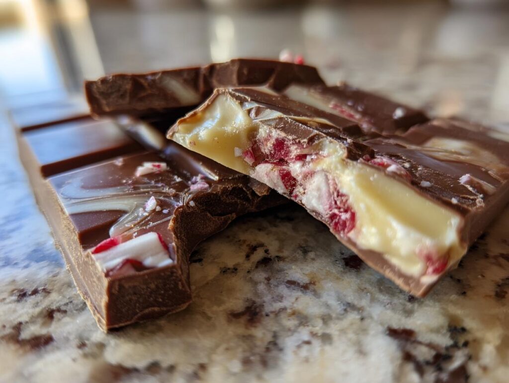 Close-up of broken pieces of chocolate peppermint bark, revealing layers of rich chocolate and creamy white filling with crushed candy cane pieces.
