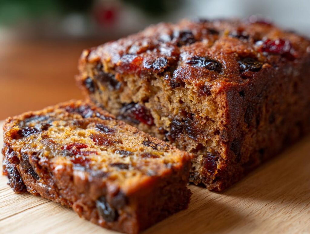 A close-up of a slice of Christmas Fruitcake with Brandy Soak, showing rich fruit and a moist crumb.
