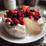 A slice of Christmas Pavlova topped with whipped cream and a generous amount of fresh strawberries, blueberries, and raspberries.