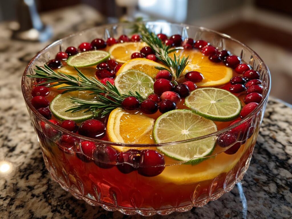 A crystal punch bowl filled with festive Christmas Punch, adorned with orange slices, lime slices, cranberries, and rosemary sprigs.