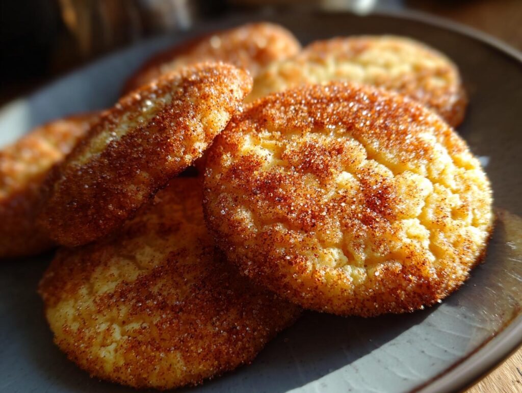 A close-up of several delicious Cinnamon Sugar Christmas Cookies piled on a dark plate, dusted with cinnamon and sugar.