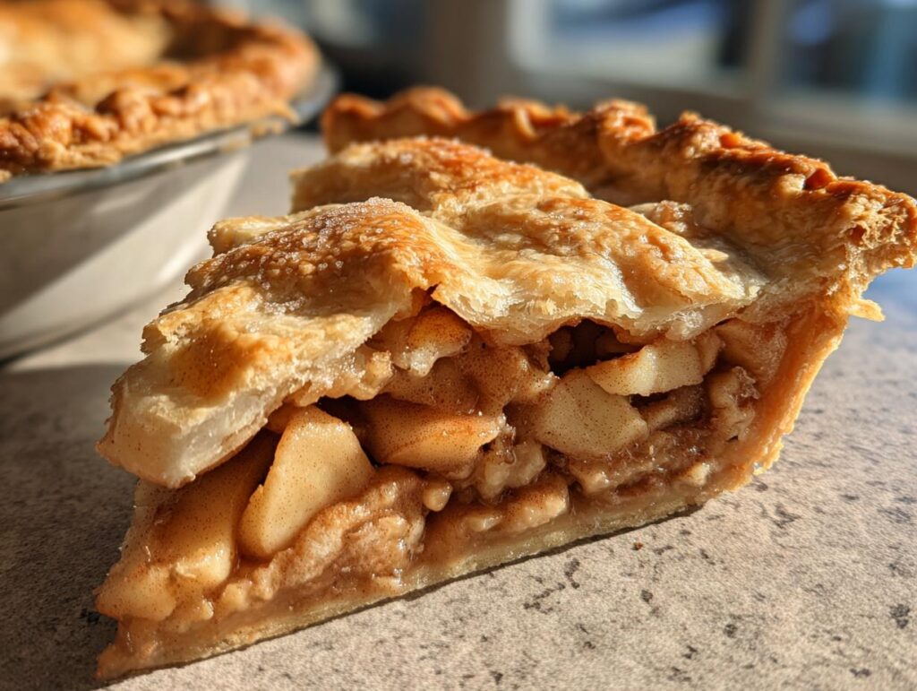 A close-up of a slice of Classic Apple Pie, showcasing the flaky butter crust and tender apple filling.