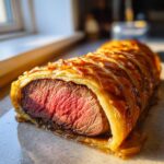 A perfectly cooked Classic Beef Wellington, showcasing a juicy medium-rare beef tenderloin wrapped in golden puff pastry.