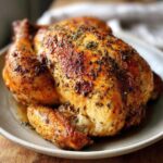 A perfectly roasted Classic Herb-Butter Roast Turkey, golden brown and seasoned with herbs, served on a plate.