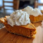 A slice of Classic Pumpkin Pie topped with fluffy spiced whipped cream on a wooden board.