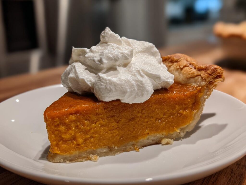 A perfect slice of Classic Pumpkin Pie topped with fluffy spiced whipped cream on a white plate.