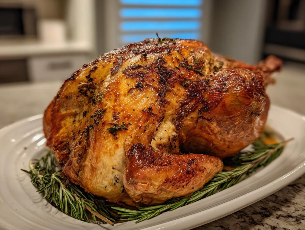 A perfectly cooked Classic Roast Turkey, golden brown and glistening, served on a white platter with fresh rosemary.