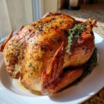 A perfectly golden Classic Roast Turkey, seasoned with herbs and resting on a bed of fresh greens on a white plate.