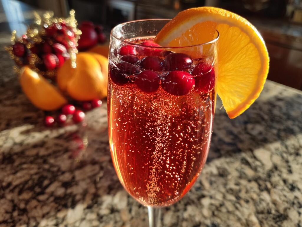 A bubbly Cranberry Mimosa cocktail garnished with fresh cranberries and an orange slice.