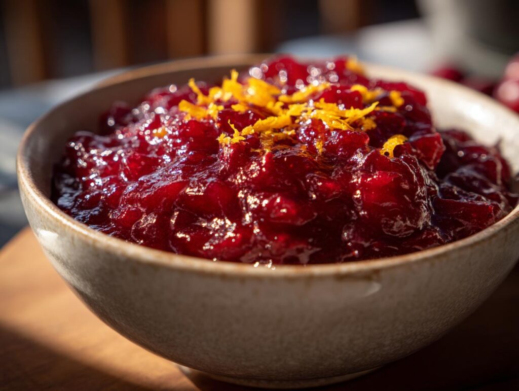 A close-up of fresh Cranberry-Orange Sauce Made from Scratch, topped with orange zest, served in a rustic bowl.