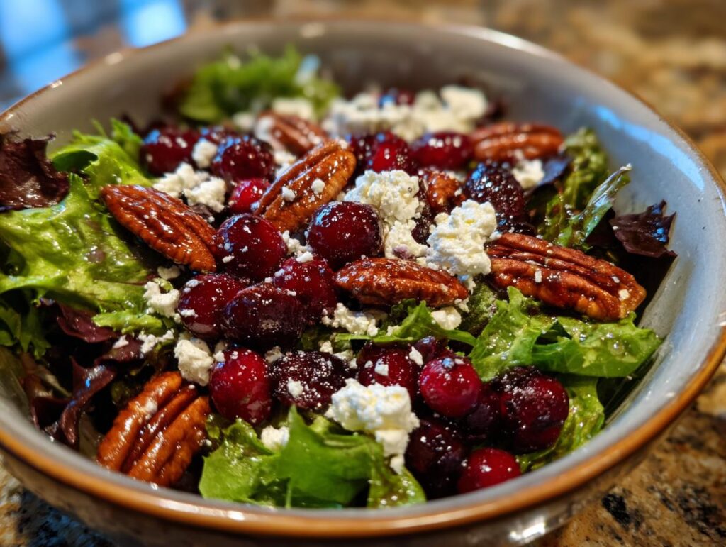 A close-up of a bowl filled with Cranberry Pecan Salad with Honey Dressing, featuring fresh greens, pecans, cranberries, and feta cheese.