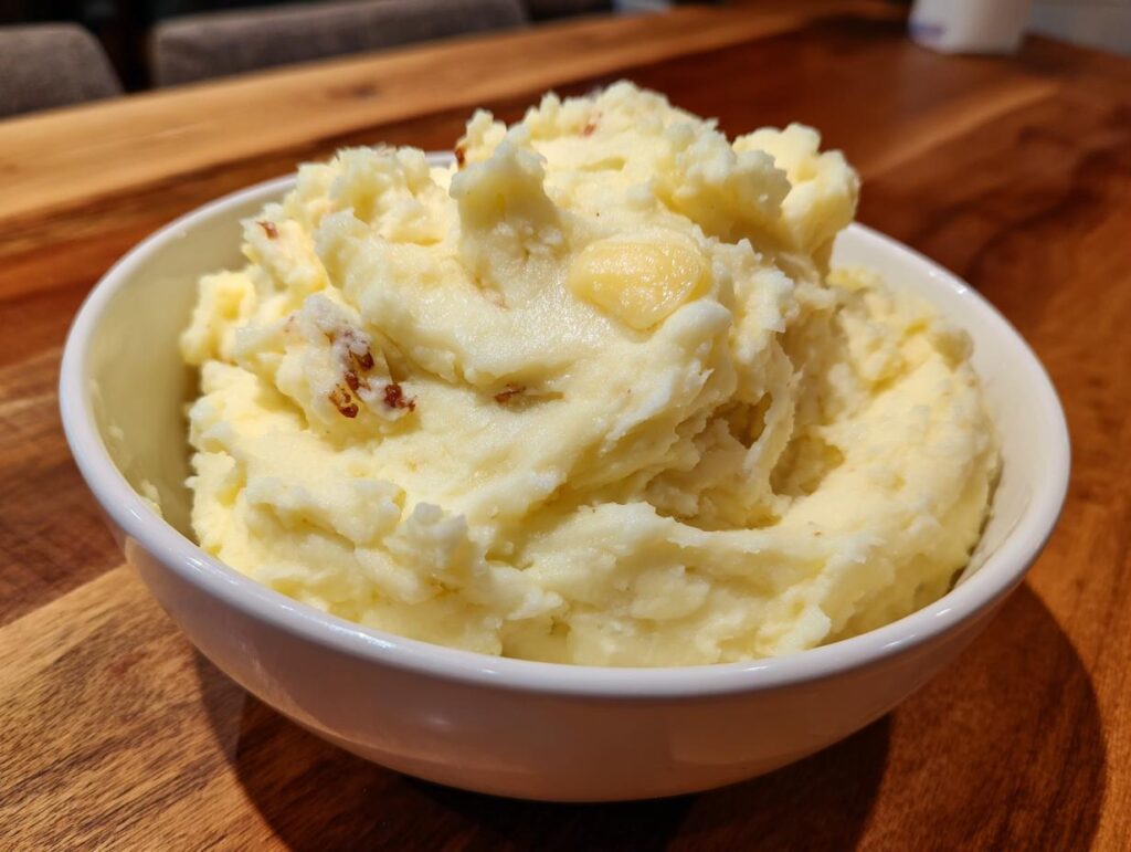 A white bowl filled with fluffy, creamy garlic mashed potatoes, topped with melted butter and bits of potato skin.