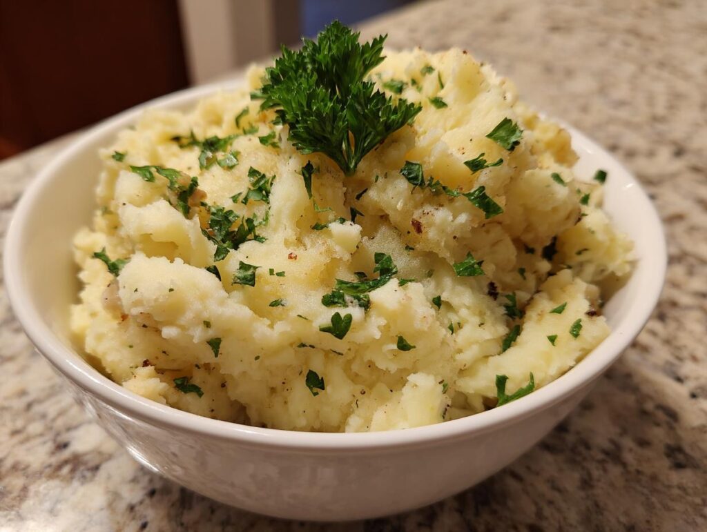 A bowl of fluffy Creamy Mashed Potatoes with Roasted Garlic, garnished with fresh parsley.