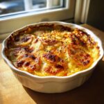 A close-up shot of a freshly baked Creamy Potatoes au Gratin in a white baking dish, topped with golden-brown cheese and herbs.