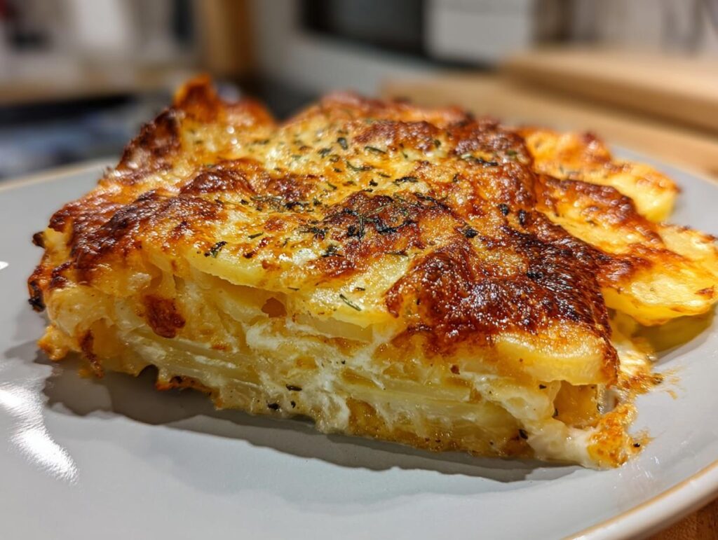 A golden-brown slice of Creamy Potatoes au Gratin, showcasing thin potato layers and melted cheese.