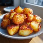 A close-up shot of a pile of perfectly crispy roast potatoes, golden brown and seasoned with salt.