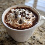 A white mug filled with rich, creamy Deluxe Hot Chocolate, topped with whipped cream, mini marshmallows, and chocolate chips.