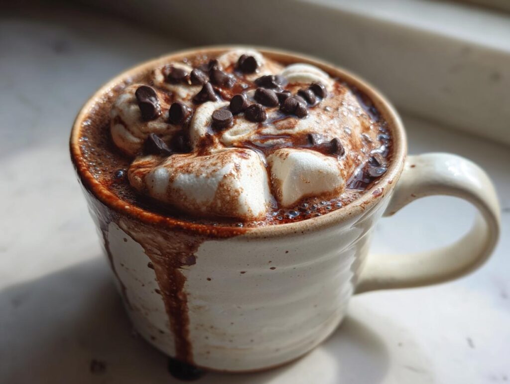 A close-up of a mug filled with rich Deluxe Hot Chocolate, topped with marshmallows, chocolate chips, and a drizzle of chocolate.