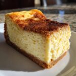 A close-up of a slice of creamy Eggnog Cheesecake Bars with a golden-brown crust and spiced topping.