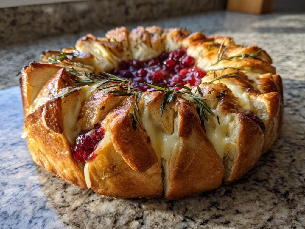 A golden-brown Festive Cranberry Brie Pull-Apart Bread baked in a ring, filled with melted brie and cranberry sauce, garnished with rosemary.