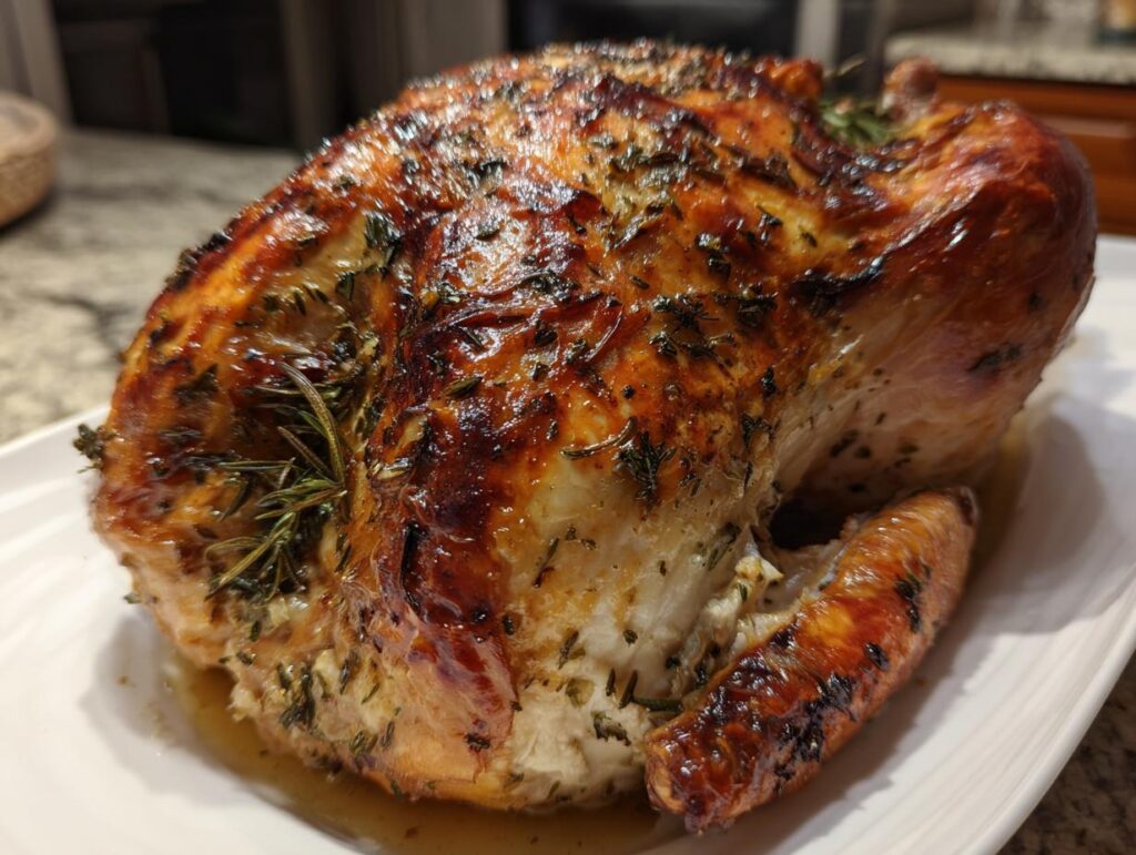 A golden-brown, juicy Garlic Butter Roasted Turkey Breast seasoned with herbs, ready for a smaller gathering.