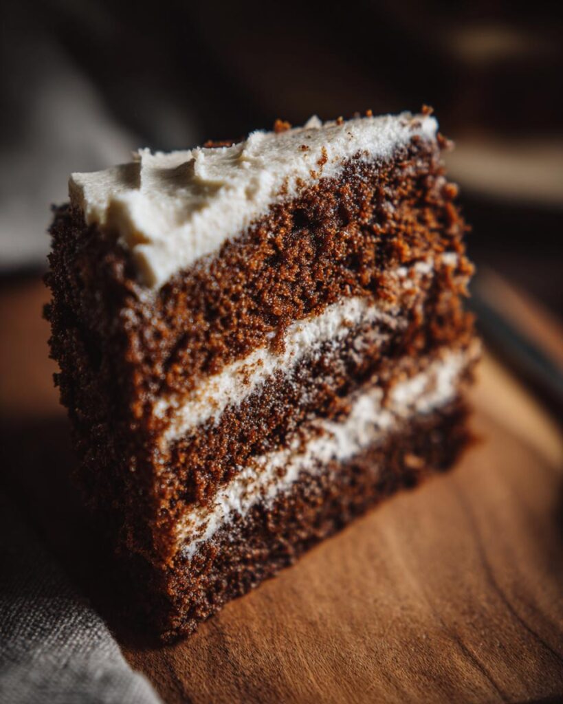 A slice of moist Gingerbread Cake with Cream Cheese Frosting, showing layers of dark cake and white frosting.