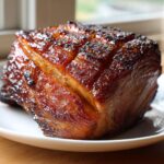 A close-up of a perfectly Glazed Ham, scored and glistening on a white plate.