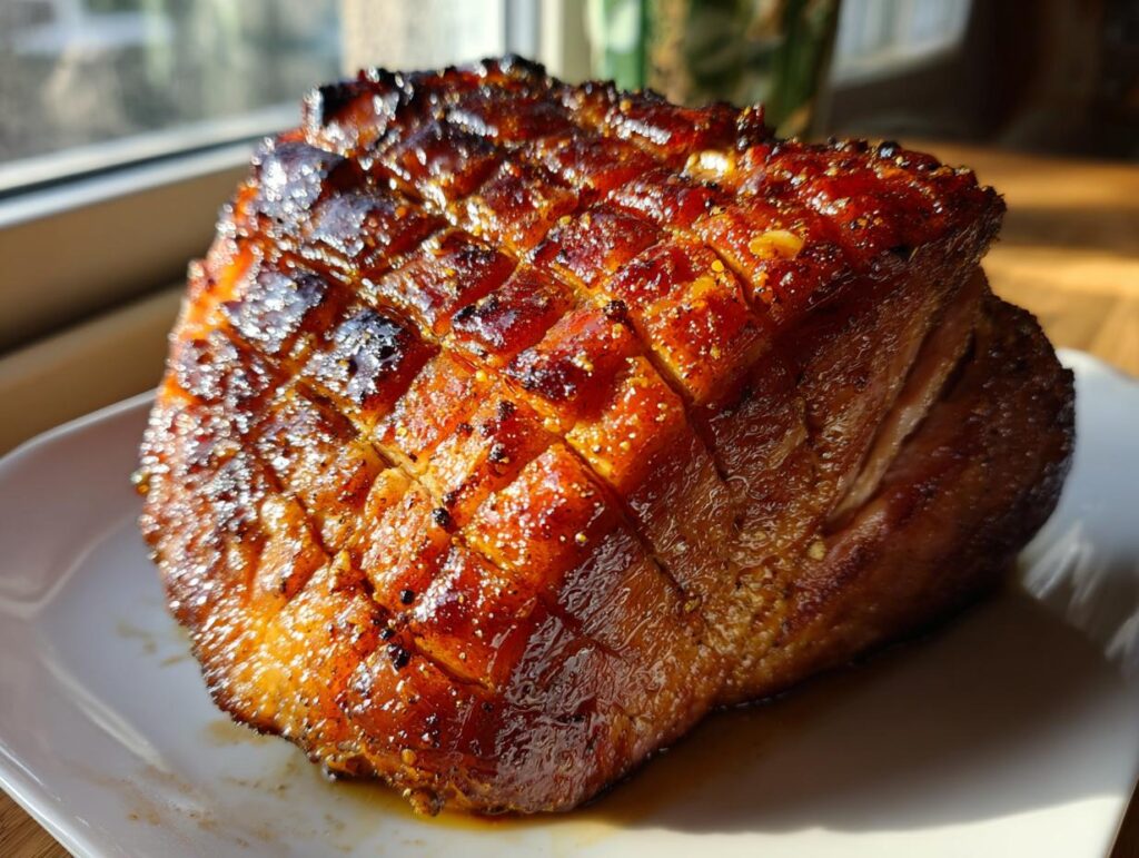 A close-up of a perfectly cooked glazed ham, scored and glistening with a rich, caramelized crust.