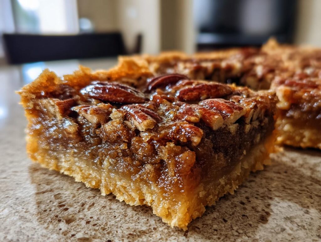 A close-up, angled view of a gooey pecan pie bar, showcasing the flaky crust and rich, caramel-like filling topped with whole pecans.