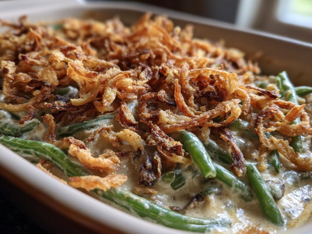 Close-up of a creamy Green Bean Casserole topped with golden, crispy fried onions.