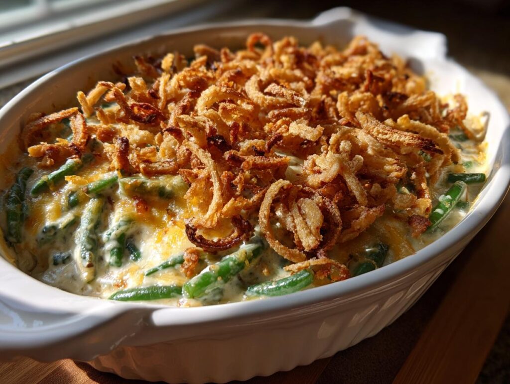 A bubbling Homestyle Green Bean Casserole topped with golden fried onions in a white baking dish.