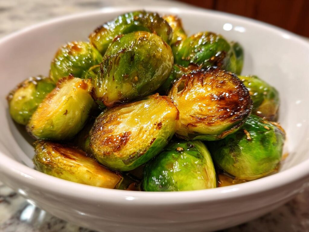 Close-up of glossy Honey-Glazed Brussels Sprouts in a white bowl, some halved to show tender interiors.