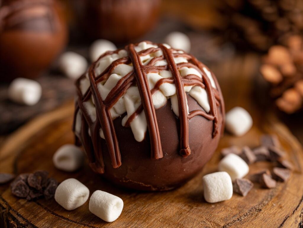 Close-up of a festive hot chocolate bomb decorated with white frosting and chocolate drizzle, surrounded by marshmallows and chocolate chips.