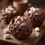 Close-up of three delicious Hot Chocolate Bombs filled with marshmallows and drizzled with chocolate.