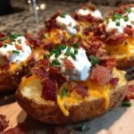 Close-up of delicious loaded potato bites topped with sour cream, crispy bacon, melted cheddar cheese, and fresh chives.