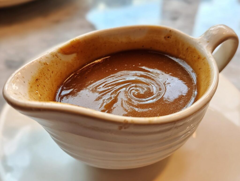 Close-up of rich, brown Make-Ahead Thanksgiving Gravy swirling in a ceramic gravy boat.