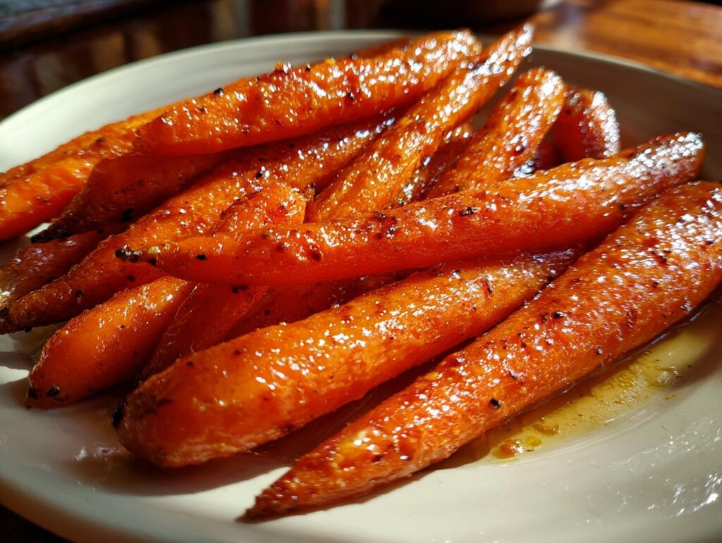 Close-up of tender Maple-Glazed Carrots with Brown Sugar Butter, glistening with a sweet glaze and flecks of pepper.